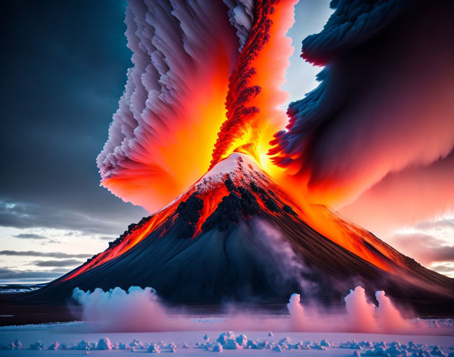 Surreal volcanic eruption with lava flow and ash plumes