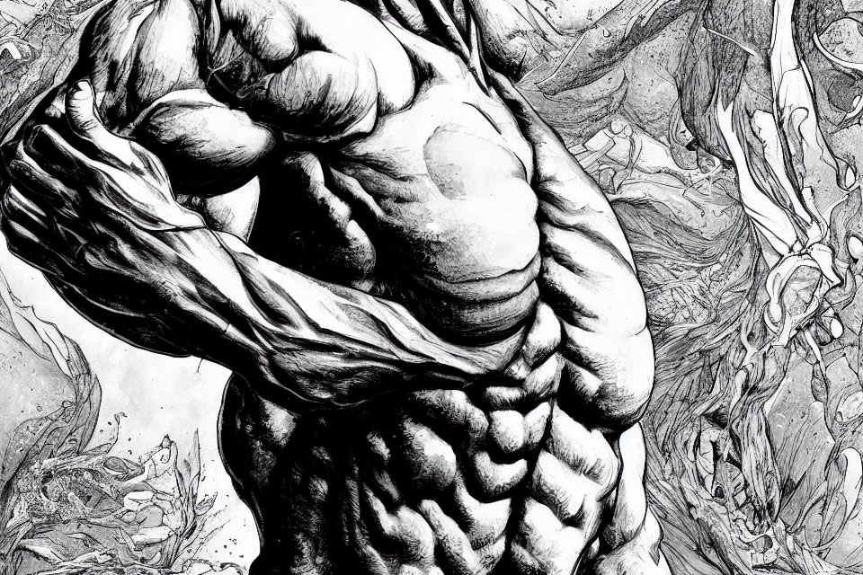 Detailed Monochrome Artwork of Muscular Torso with Exaggerated Anatomy