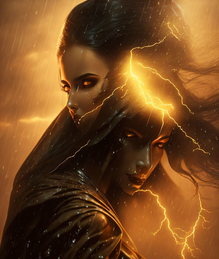 Mystical women with glowing eyes in darkness and lightning bolt in rain.