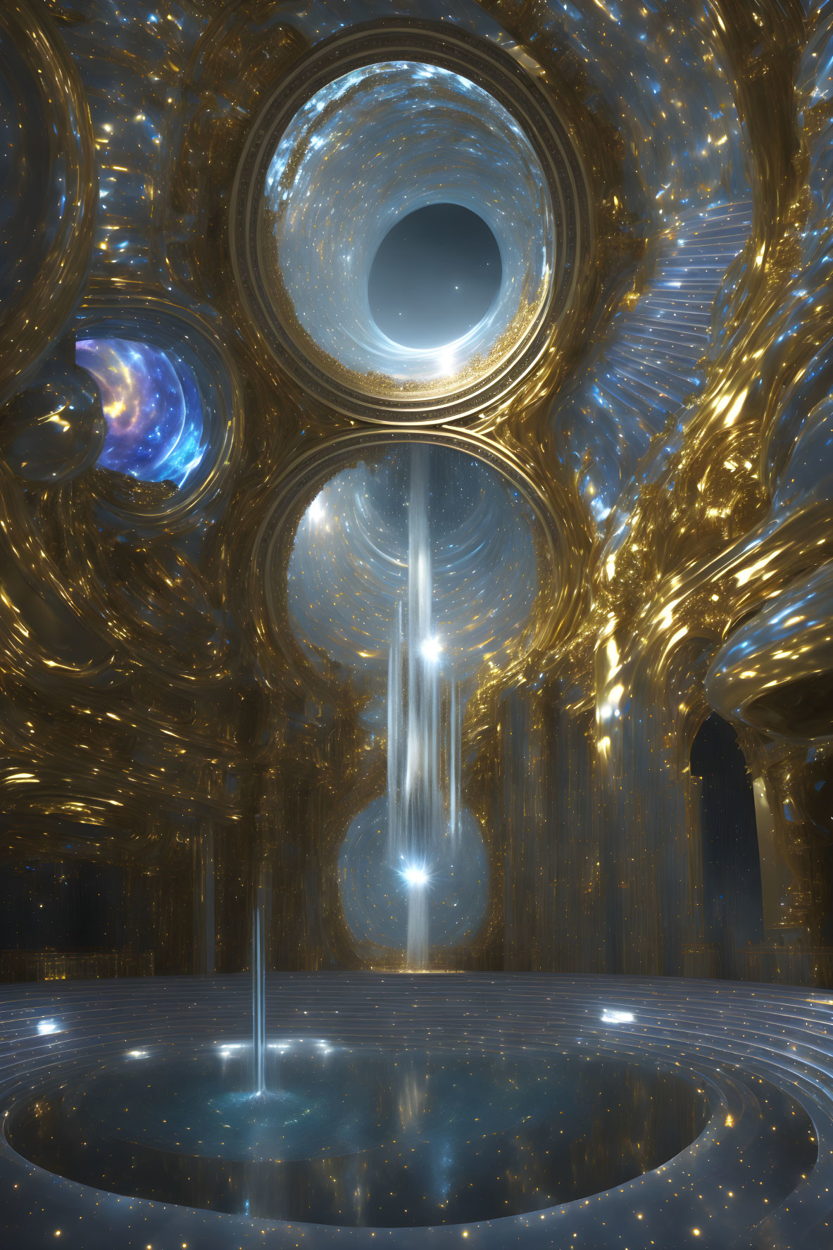 Golden chamber with cosmic portals, central light column, and star-patterned floor