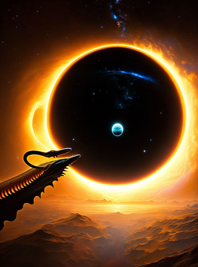 Giant dragon silhouette with Earth-like planet and fiery ring in surreal cosmic scene