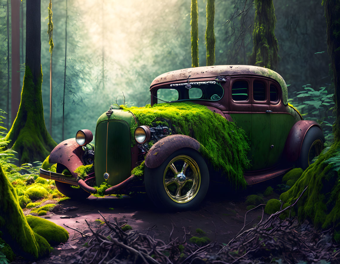 Abandoned moss-covered car in mystical forest with sunlight.