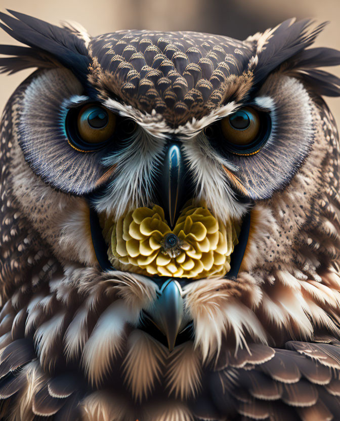 Detailed Close-Up of Owl with Striking Yellow Eyes and Brown Feather Patterns