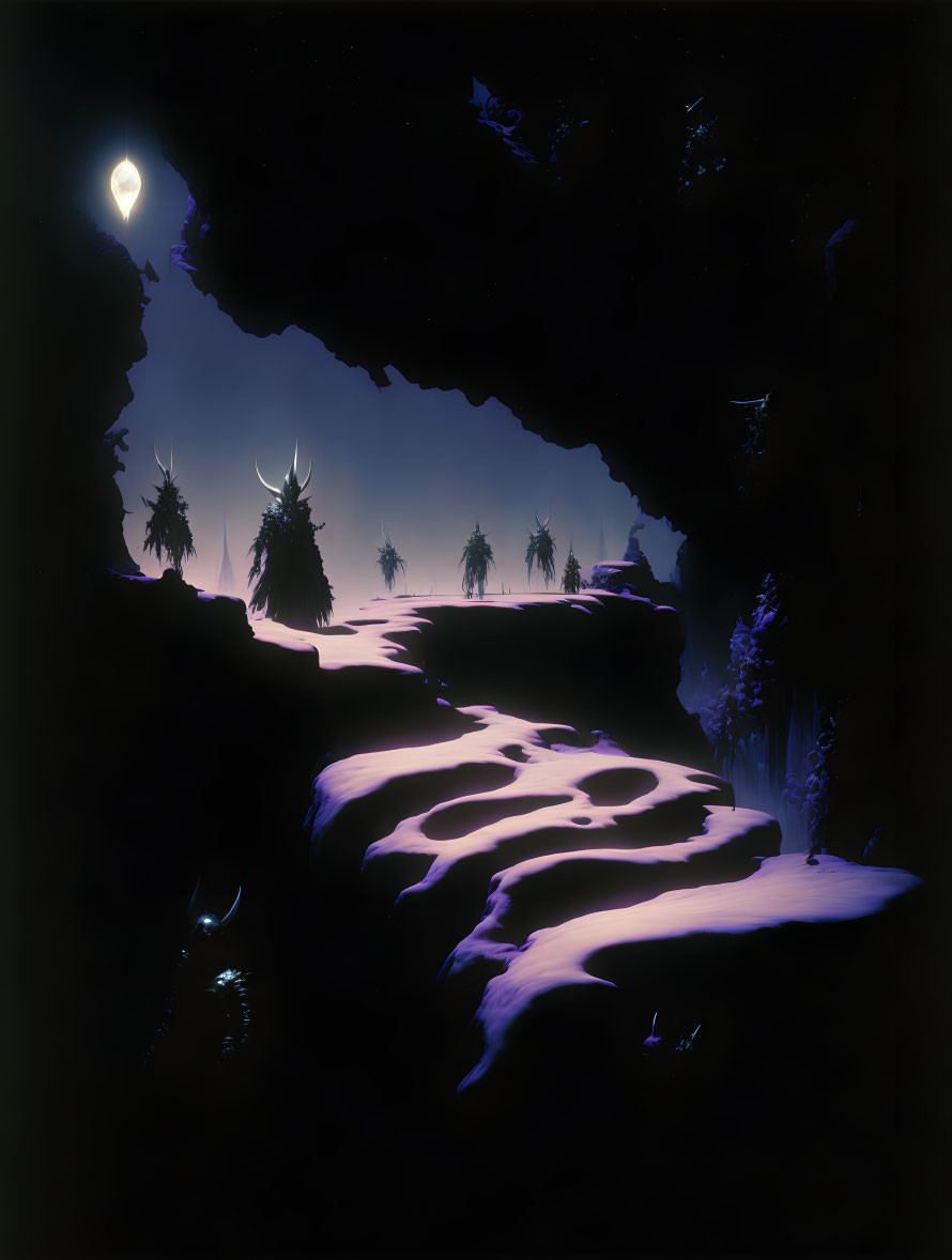 Dark Cave with Illuminated Crescent Opening and Mysterious Figure