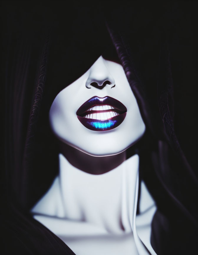 Stylized image of person with glowing blue lips in mysterious shadows