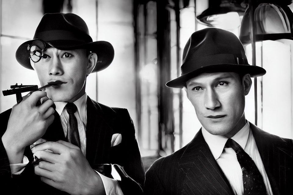 Vintage film-noir photo of two men in suits and fedoras