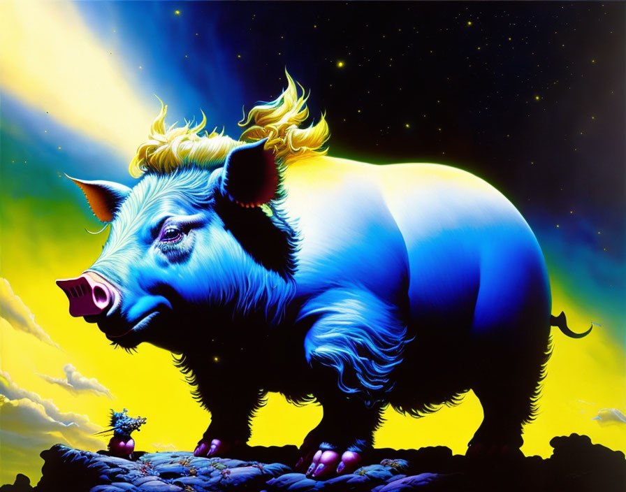 Colorful Illustration: Large Blue Pig with Fiery Mane on Rocky Outcrop