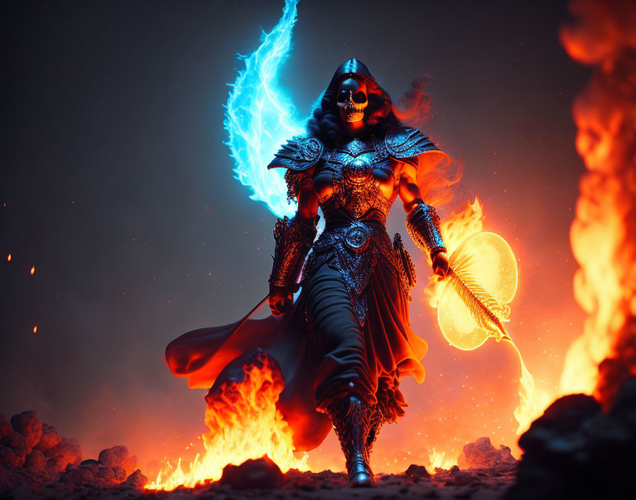 Armored warrior with shield and lightning sword in fiery setting