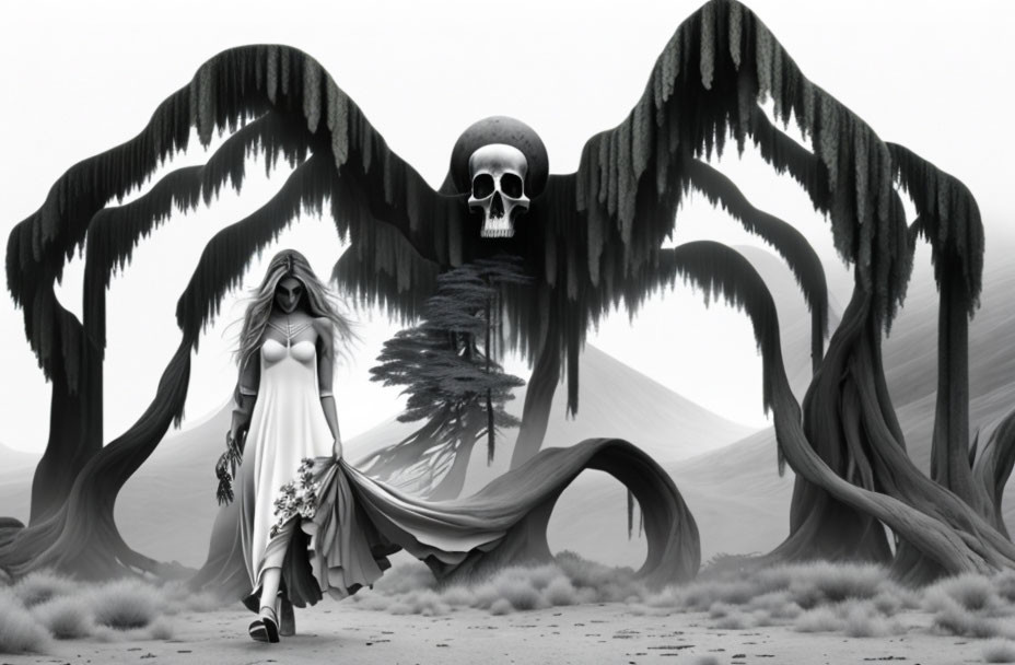 Monochromatic fantasy art: Woman in dress with flowers near skull in eerie landscape