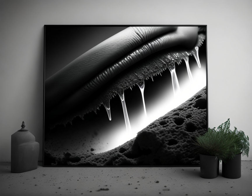 Surreal black and white artwork of giant fingertips over rugged landscape