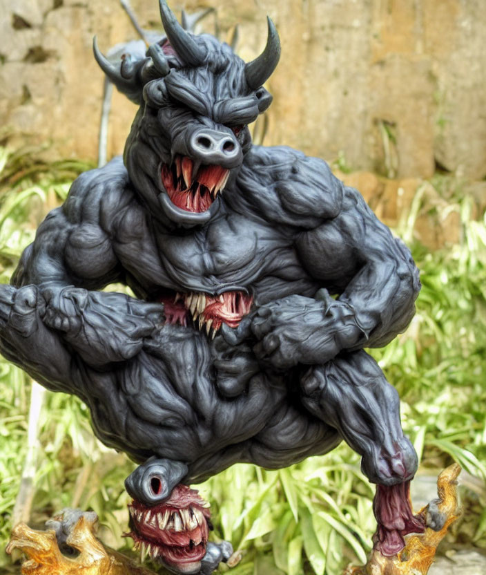 Fantasy creature statue with bull and monster heads, exaggerated muscles.