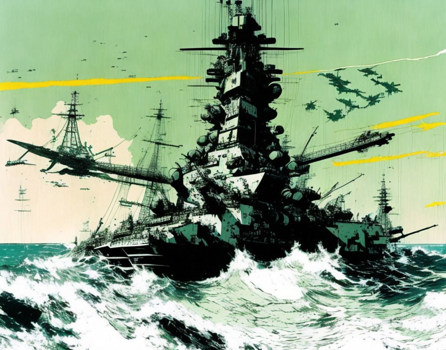 Naval fleet illustration: warships in turbulent ocean, dramatic style, green & yellow.