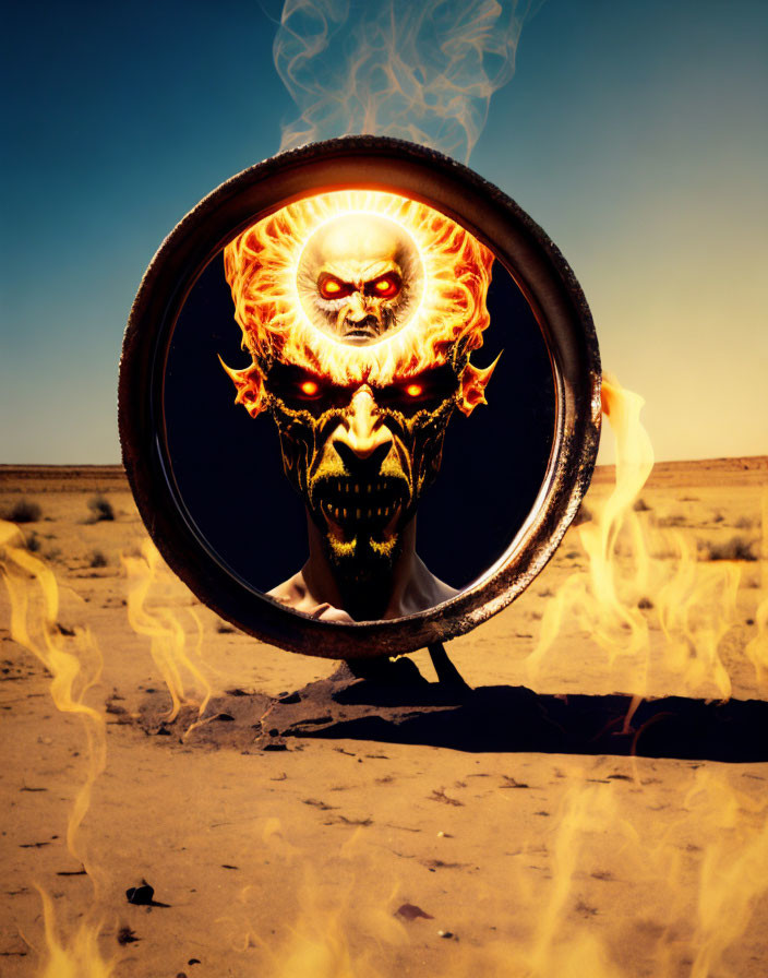 Intense fiery skull over barren desert with flames and smoke