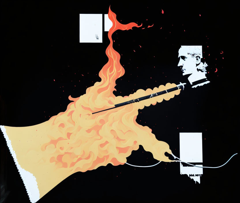 Graphic design: Flaming hand lighting cannon fuse near man's profile.