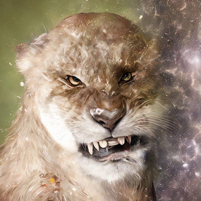 Lion's face against cosmic backdrop with dust and snow speckles