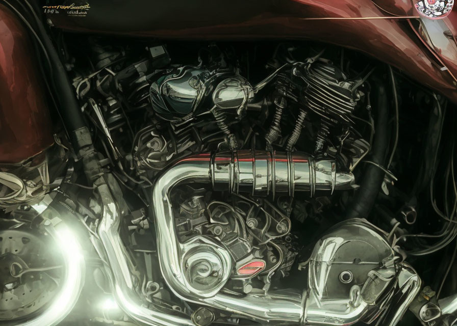 Detailed Close-Up of Chrome Motorcycle Engine Under Maroon Gas Tank