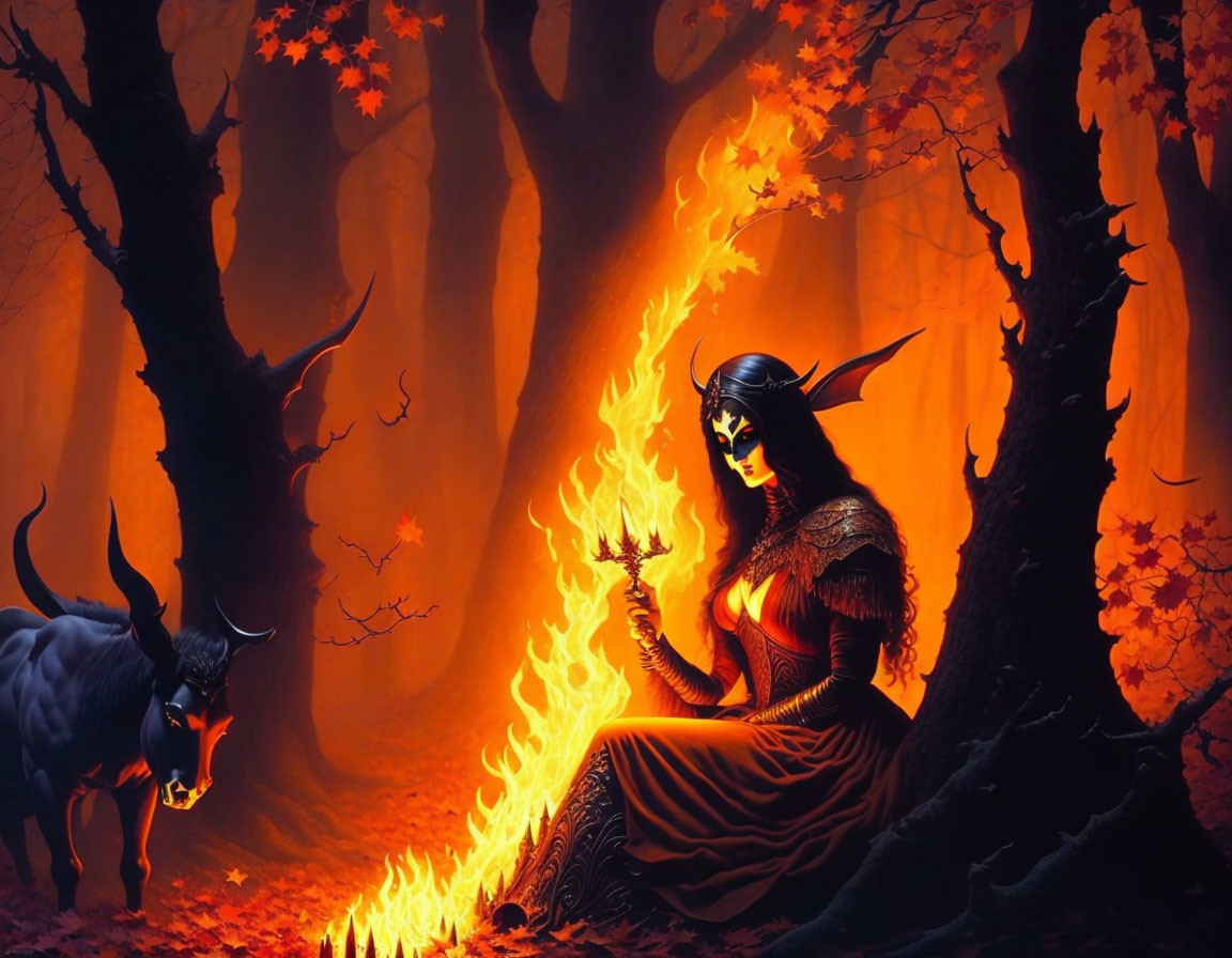 Horned woman and black bull in glowing orange forest