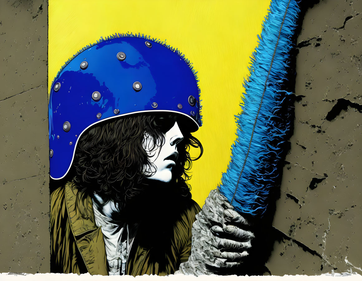 Graffiti-style artwork of person in blue spiked helmet on yellow and grey background