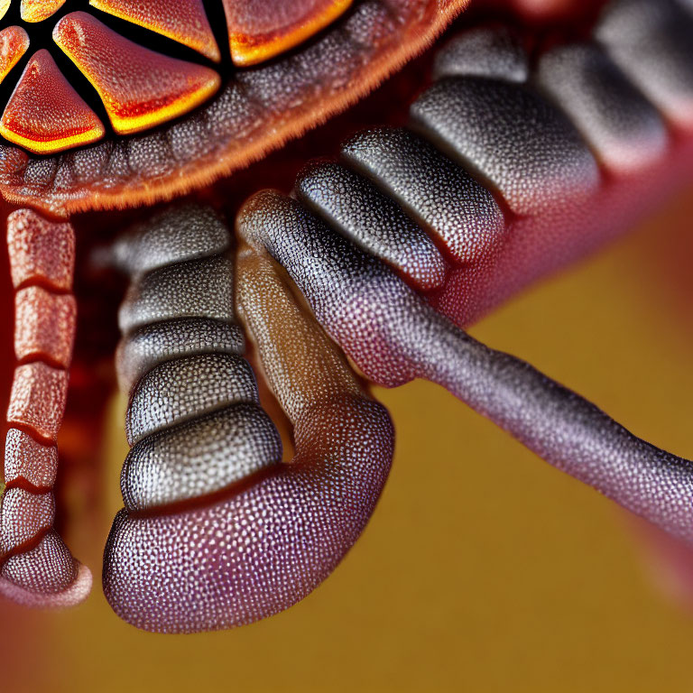 Detailed Close-Up of Insect Leg Joint with Orange, Purple, and Gray Textured Exoskeleton