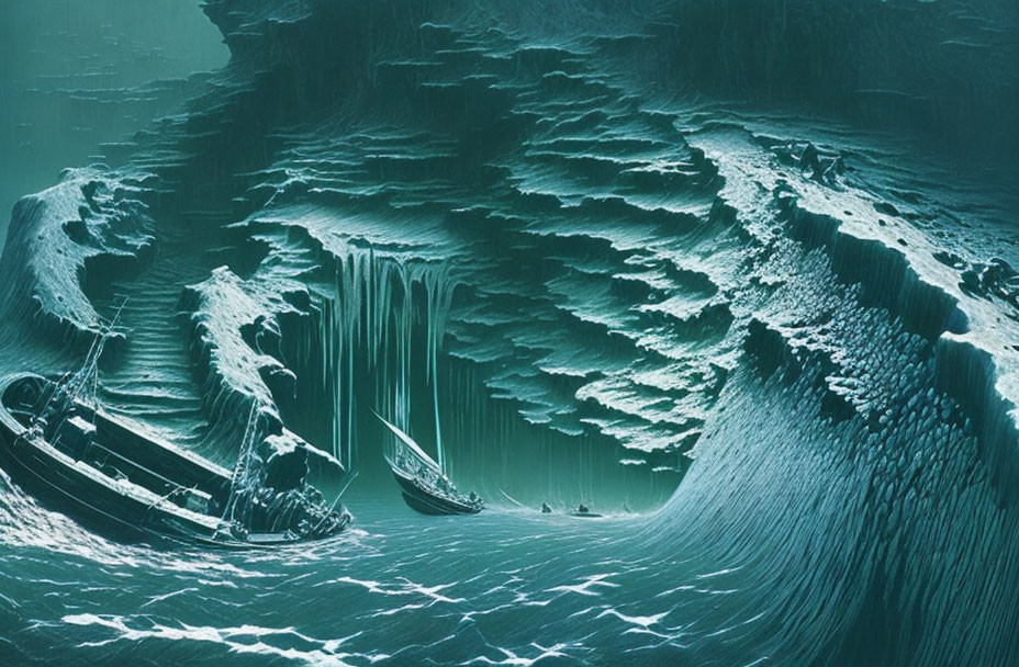 Digital artwork: Turbulent ocean with huge waves and derelict ships in stormy teal.