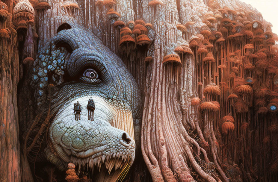 Surreal artwork: Two figures on giant reptile in fantastical forest