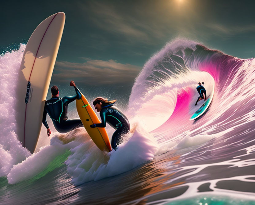 Surfers riding towering waves under a vivid sky