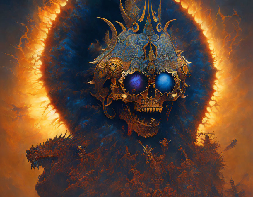 Fantastical digital artwork: Skull in ornate helmet on fiery dragon