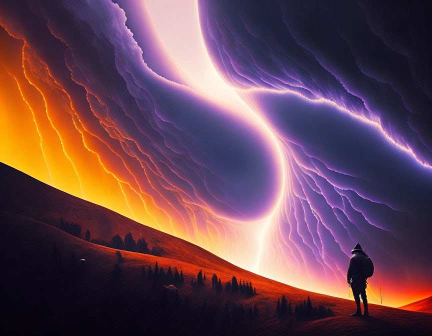 Person admires surreal sky with swirling colors and celestial body