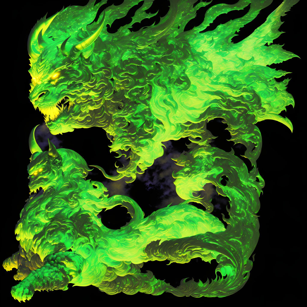 Neon green dragon with flowing manes and sharp horns on black background