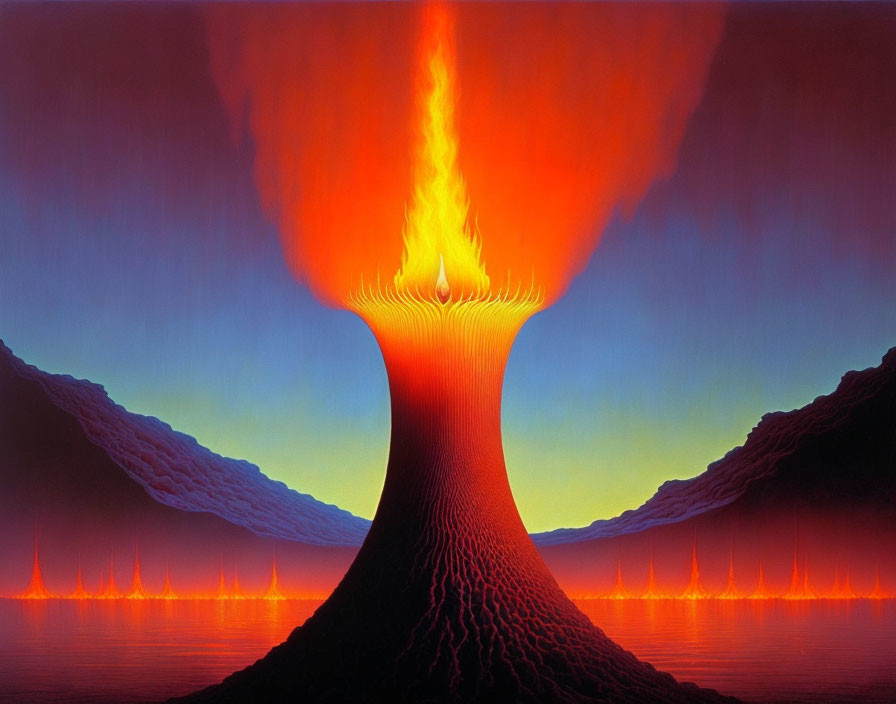 Symmetrical volcanic eruption with fiery plume and mountains reflected in water