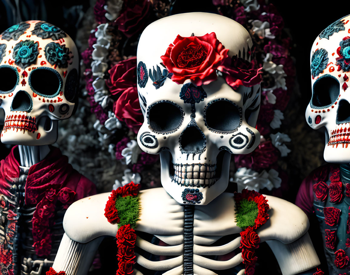 Colorful Day of the Dead decorative skulls with floral and intricate designs