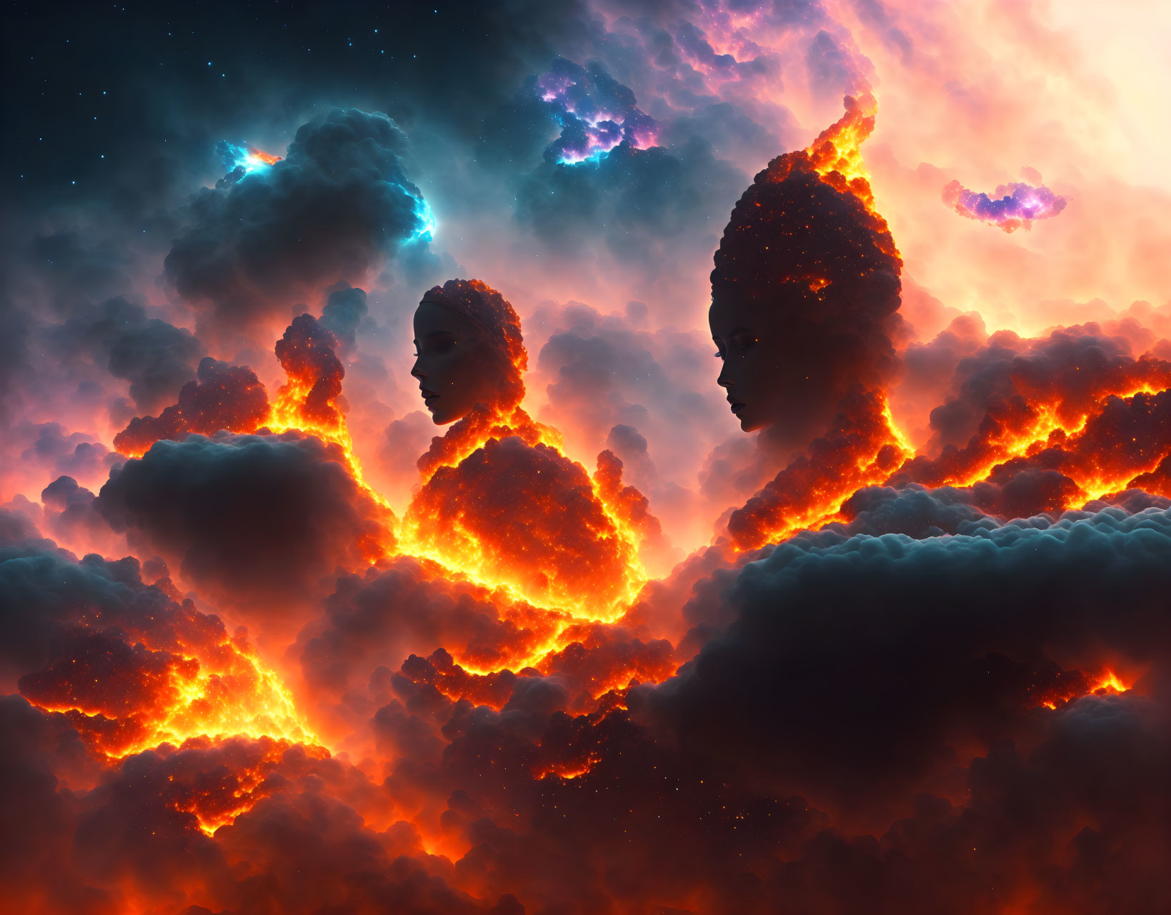 Colorful cosmic clouds in fiery shades of orange, red, and blue.