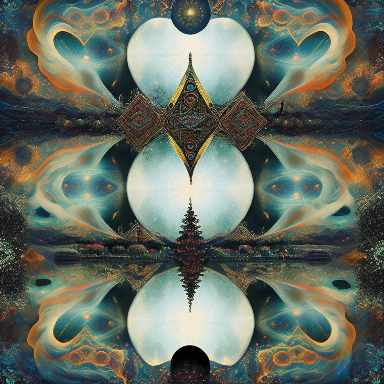 Symmetrical psychedelic digital art with central tree and geometric patterns