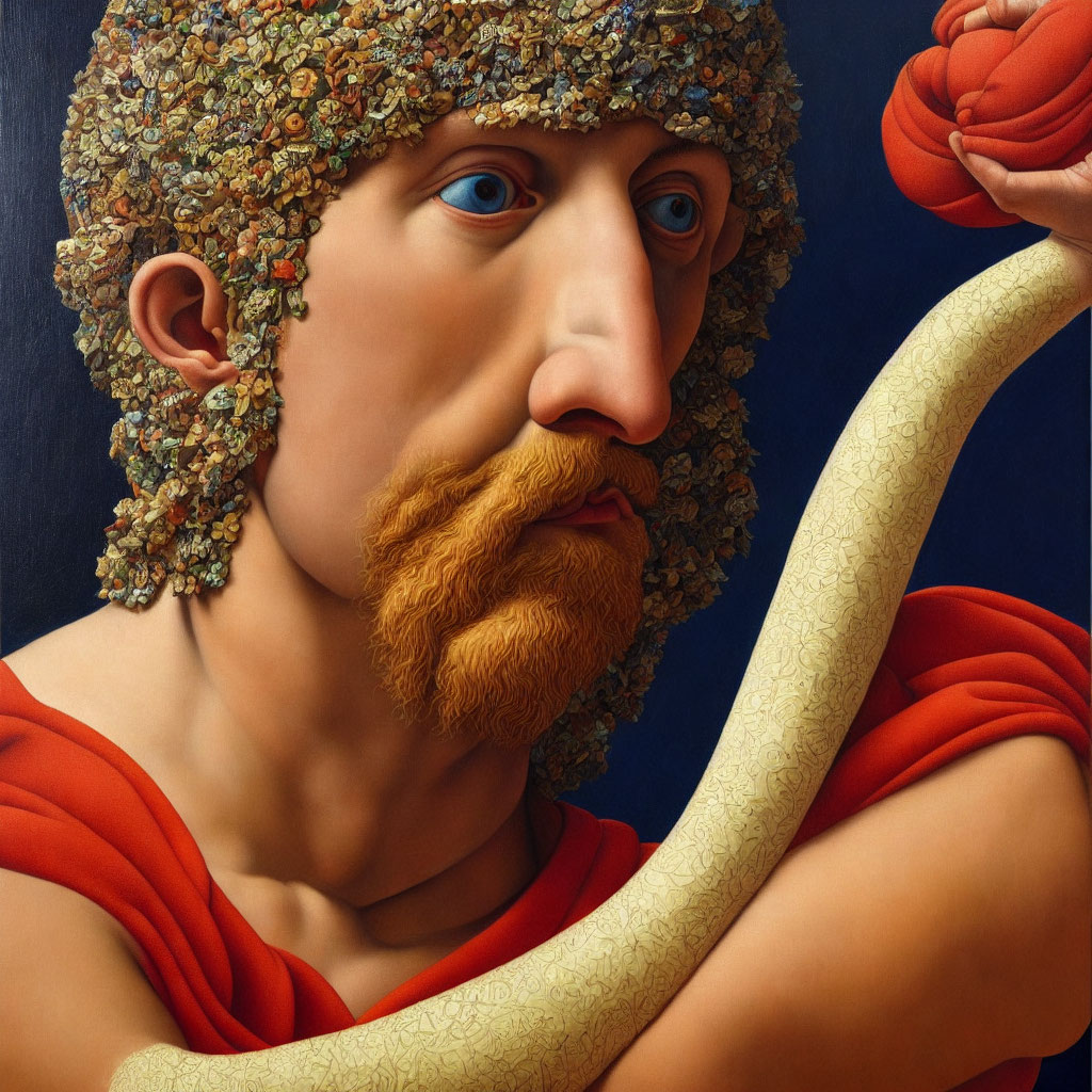 Hyper-realistic painting: Bearded man with laurel wreath and serpent staff