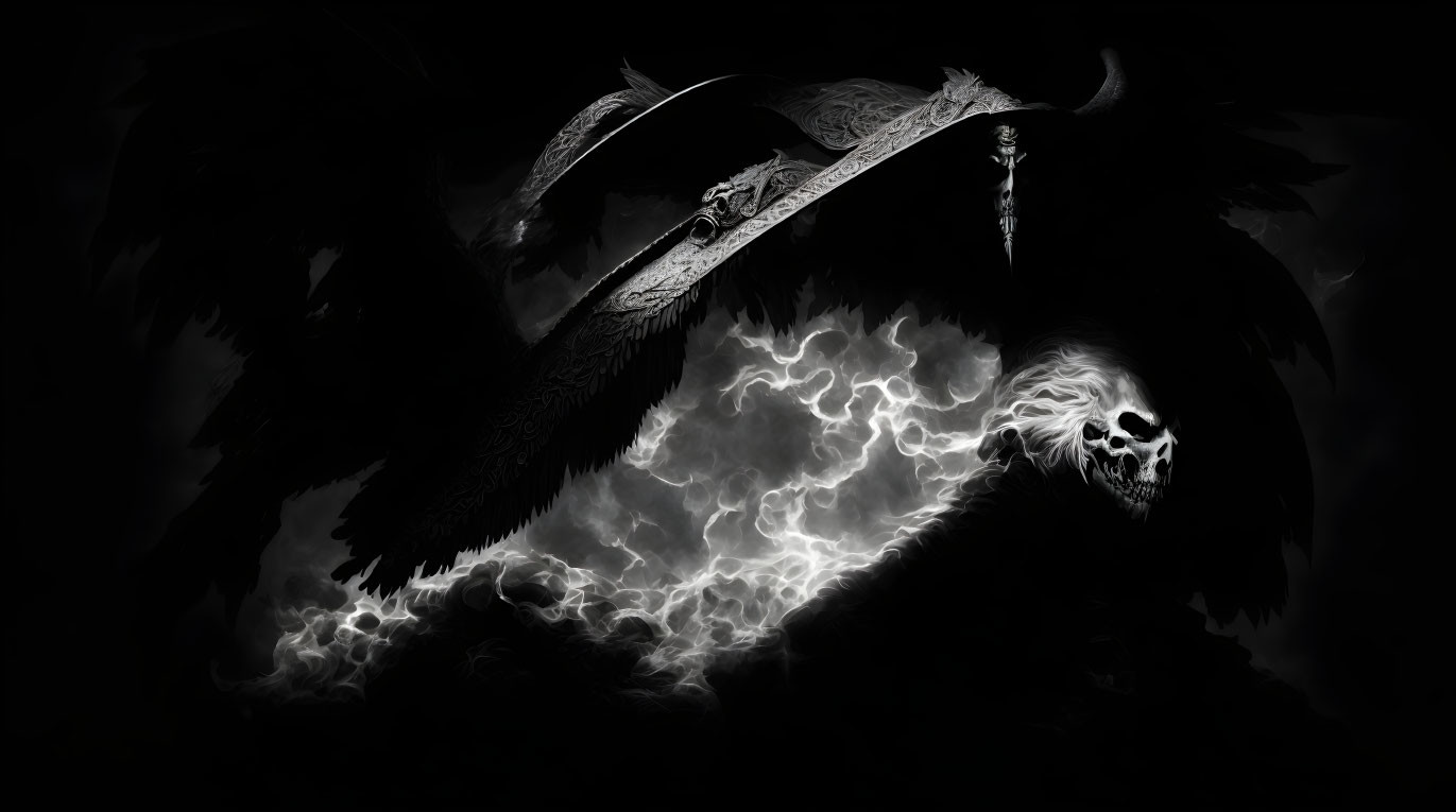 Monochromatic eerie skull with dark wings and scythe in mist