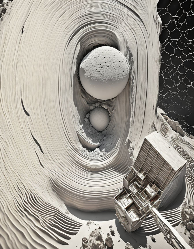 Surreal grayscale image of cylindrical structure, floating orb, and abstract building on rocky terrain