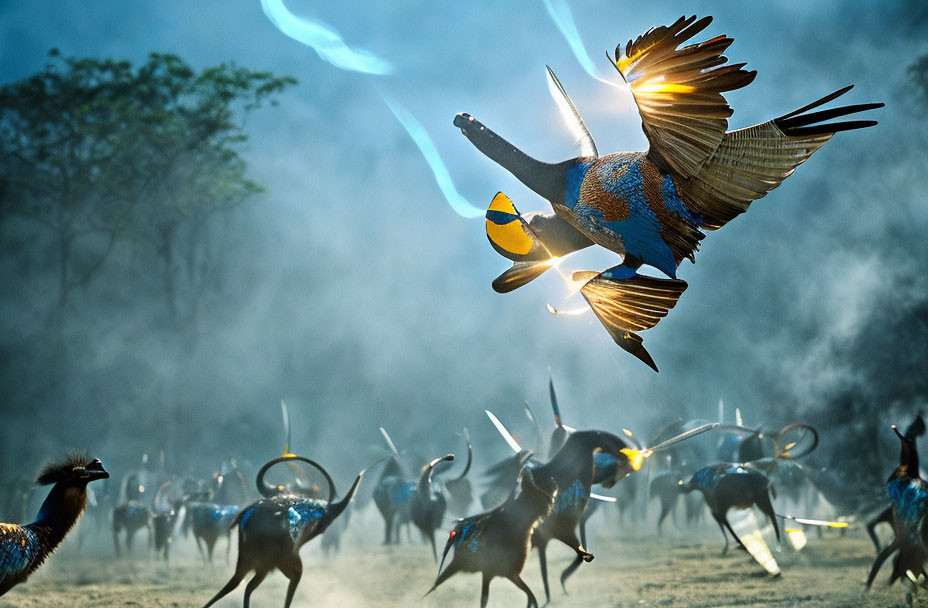 Vibrant digital art: Peacocks, antelopes, mist, lightning