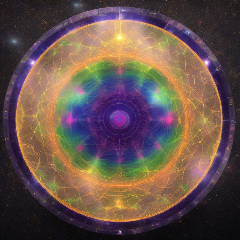 Circular fractal pattern with purple, green, and yellow hues on starry background