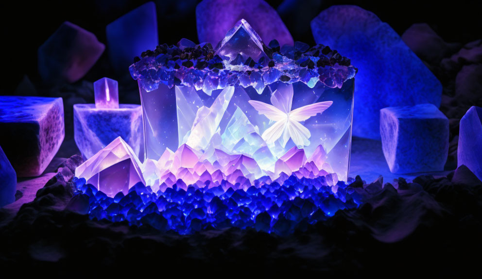 Blue and Purple Crystal Formations with Butterfly Silhouette