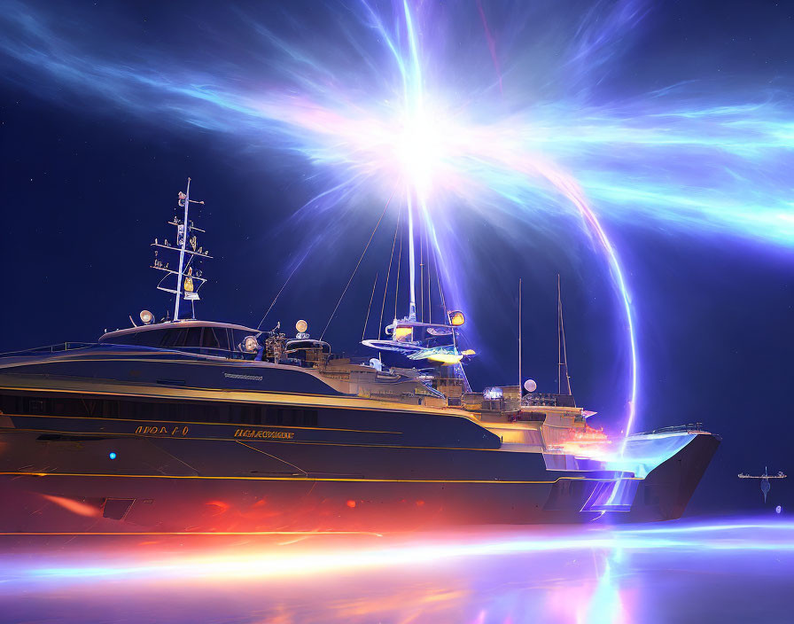 Luxury Yacht in Space with Blue Light Beam and Starry Sky