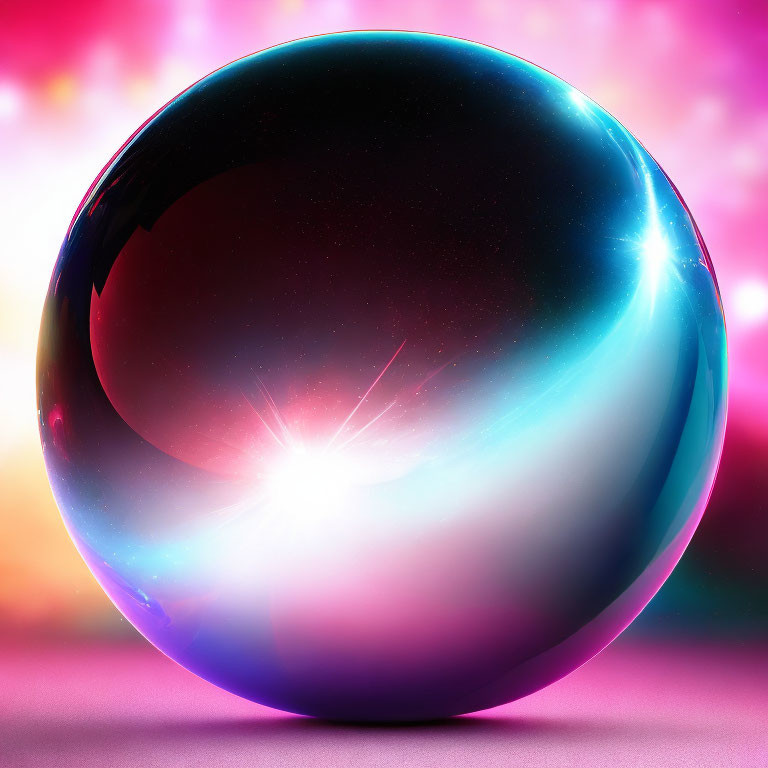 Glossy cosmic sphere with nebula interior on pink bokeh.