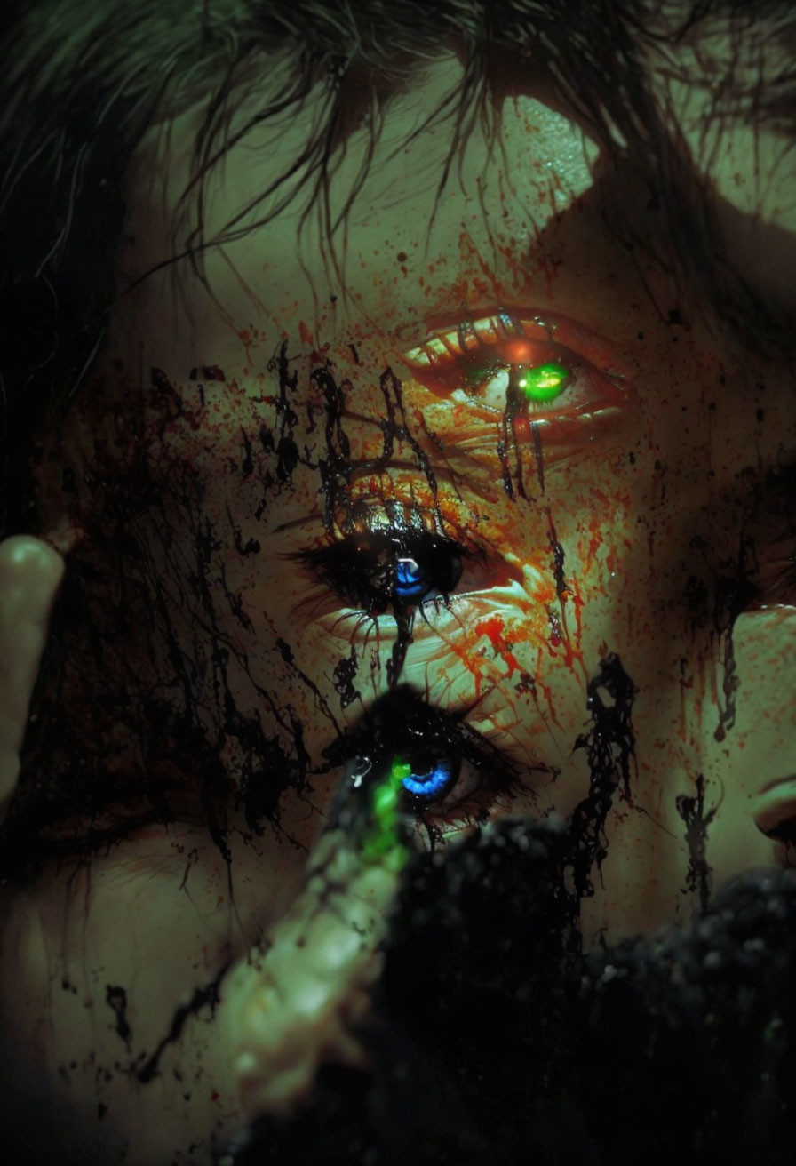 Face with Striking Green Eyes Covered in Dark Substance