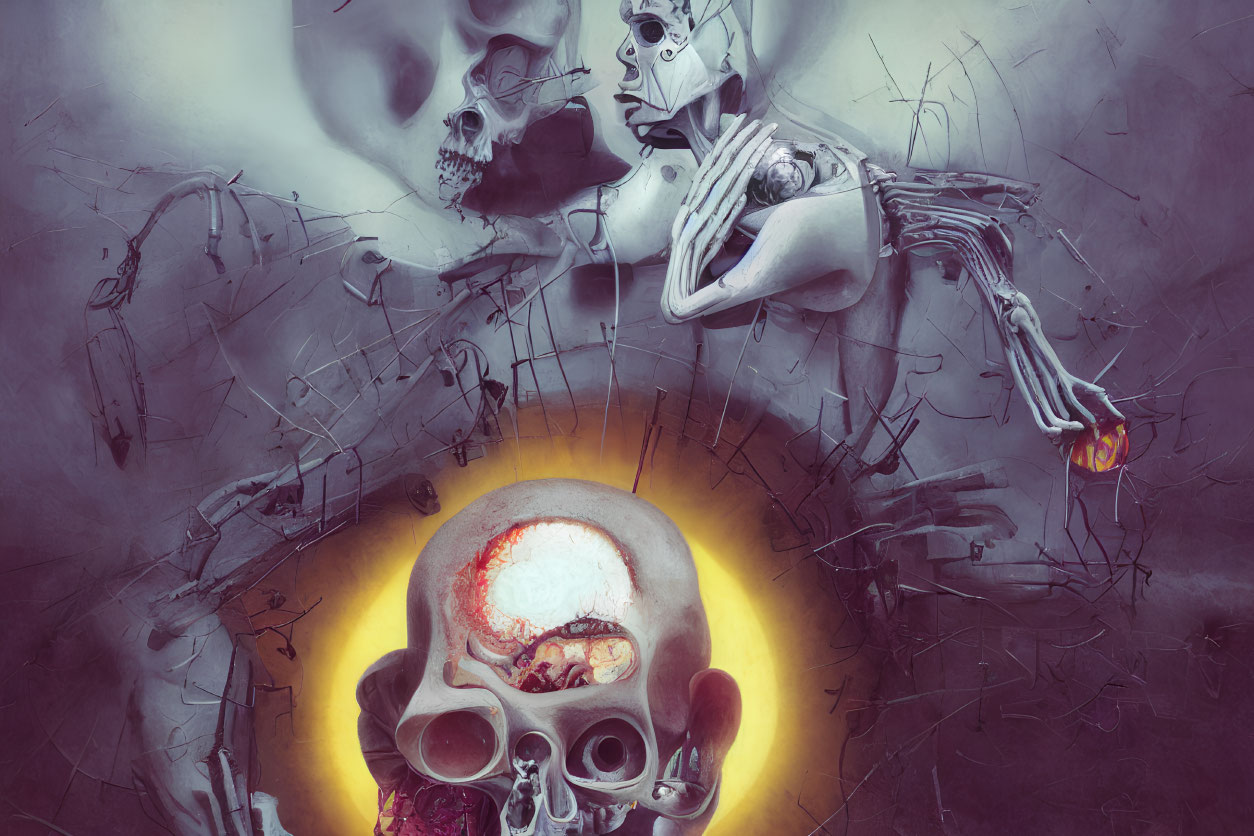 Macabre artwork with large skull, smaller skulls, and skeletal figure in surreal setting