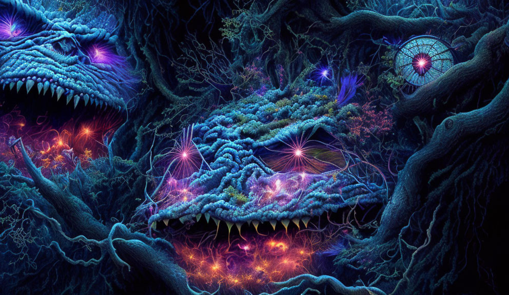 Vibrant surreal image: Menacing dragon-like creatures in neon-lit forest