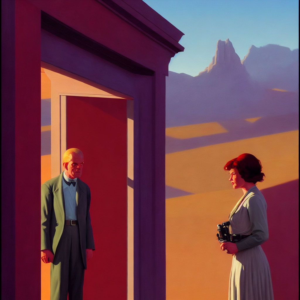 Bald man in suit meets woman with camera in desert landscape