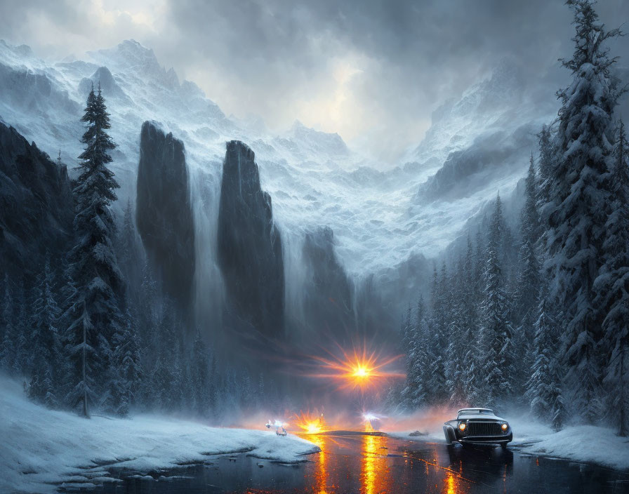 Snowy Road Surrounded by Mountains, Waterfalls, and Forest