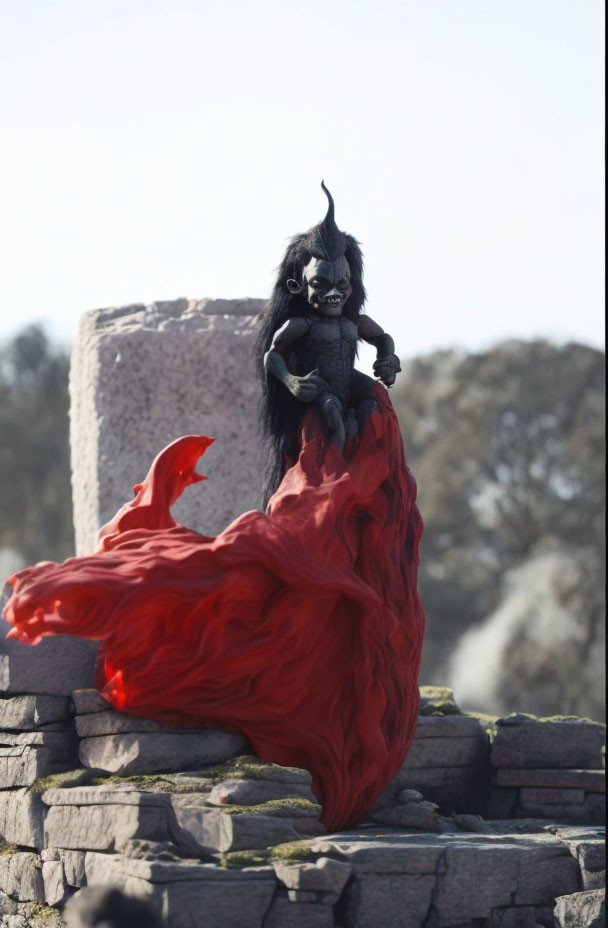 Horned dark fantasy figure on stone structure with red cloak