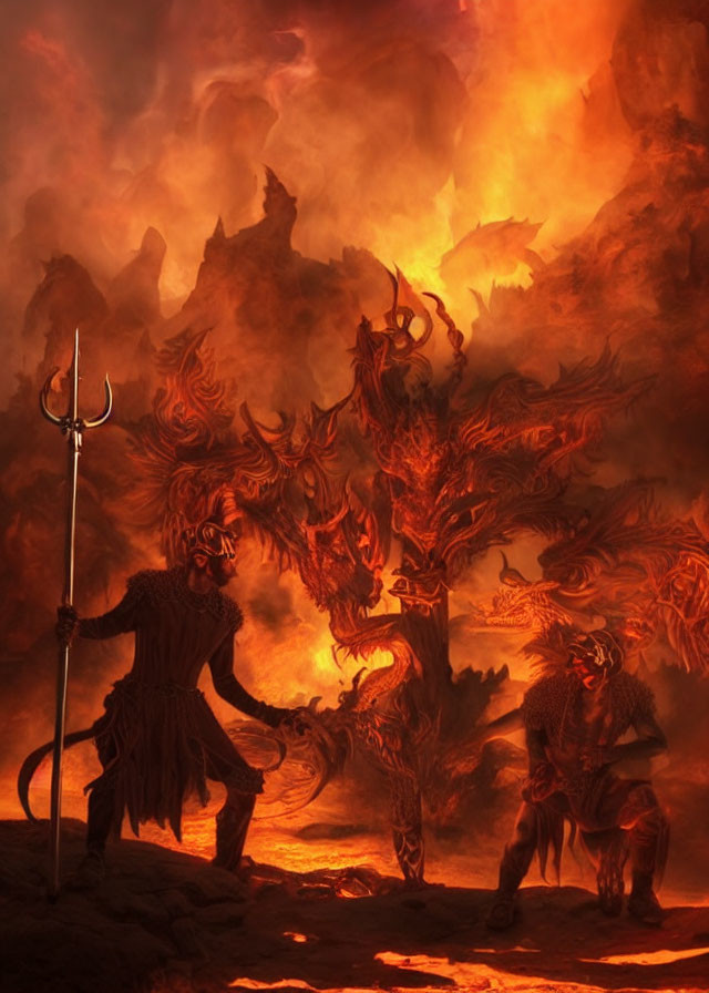 Fantasy scene with demonic figures and fiery backgrounds, central character holding trident surrounded by infernal creatures