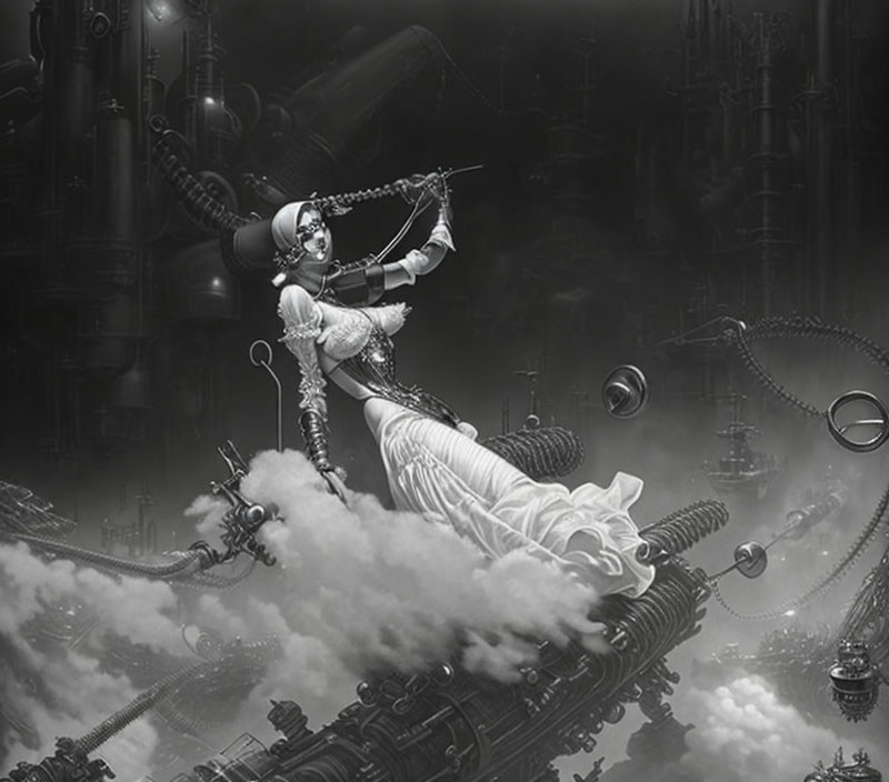 Monochrome steampunk illustration of woman with mechanical wings and futuristic bow in industrial setting