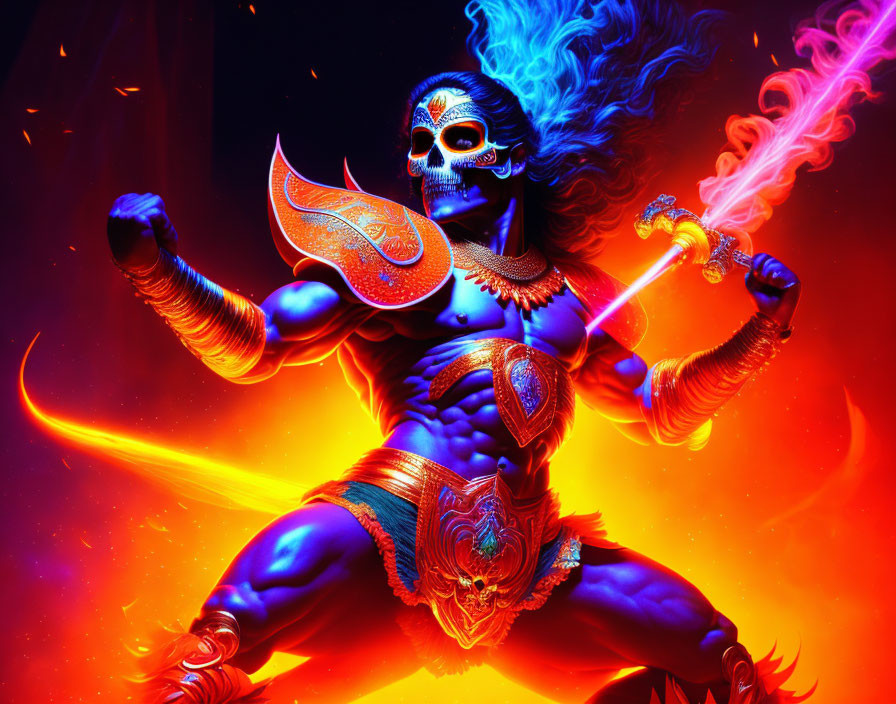 Colorful depiction of a blue-skinned figure with multiple arms and weapons in fiery setting